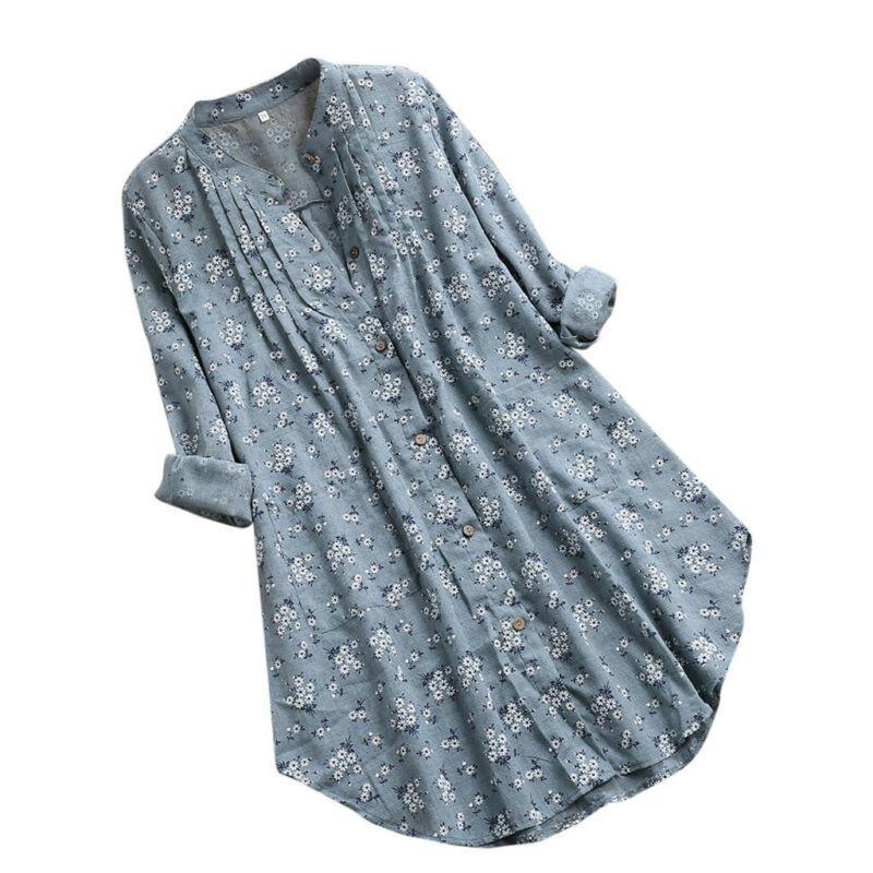 Elegant Women V-neck Long Sleeve Flower Print Linen Shirt Ladies Casual Loose Blouse Top