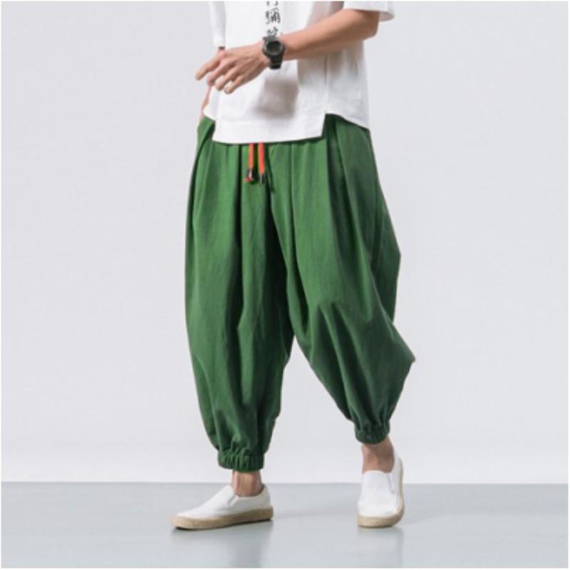 Mens Summer Loose Cotton Linen Drawstring Lantern Pants Plus Size Casual Solid Color Mid Waist Pants