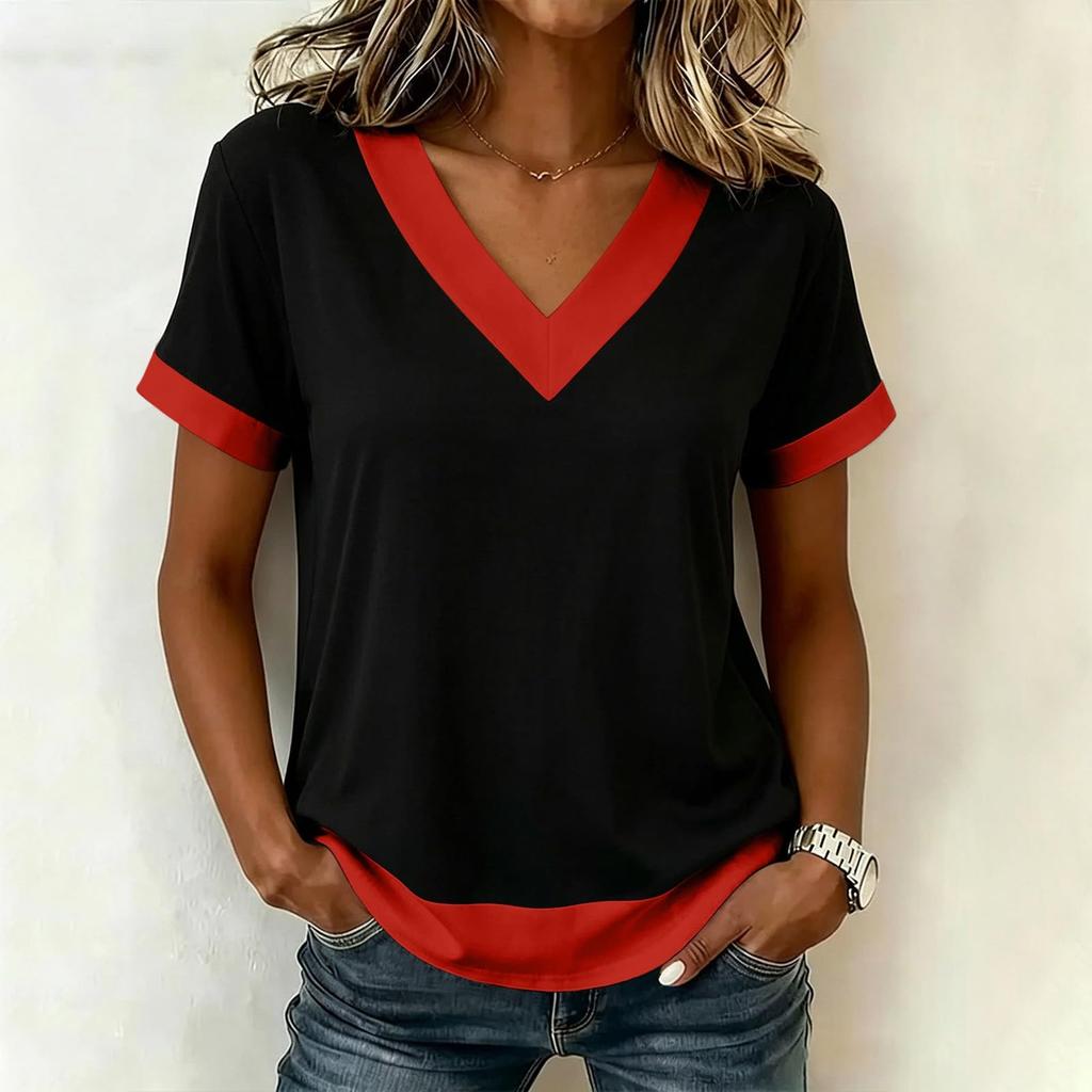 Women's Casual Color Block V Neck Short Sleeve T Shirt Top Lightweight Soft Fabric Relaxed Fit Layered Hem Design