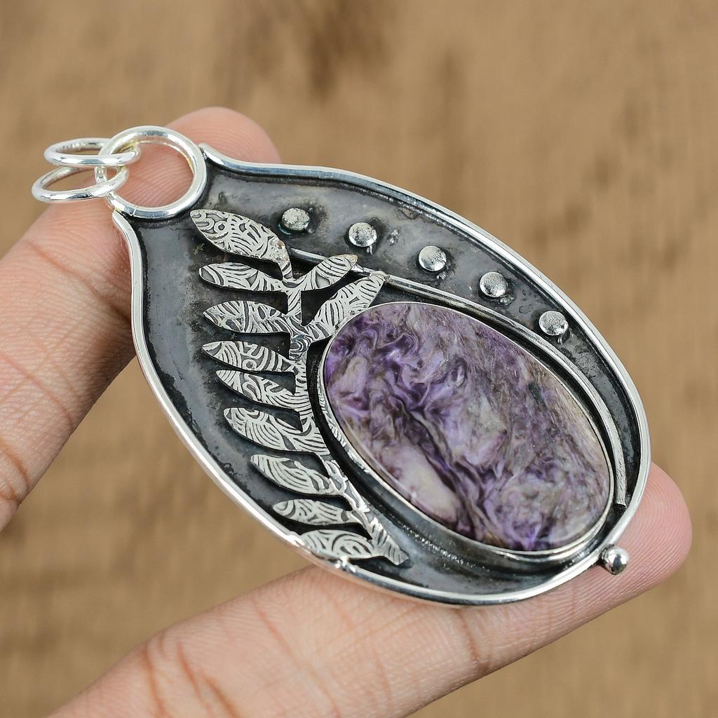 925 Silver Russian Charoite Gemstone Birthday Mother Elegant New Pendant Jewelry