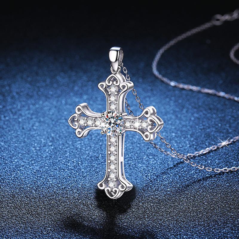 Women's PT950 Platinum Necklace - 1 Carat Moissanite Cross Pendant, Stylish & High-End Vibe, Elegant Statement Jewelry