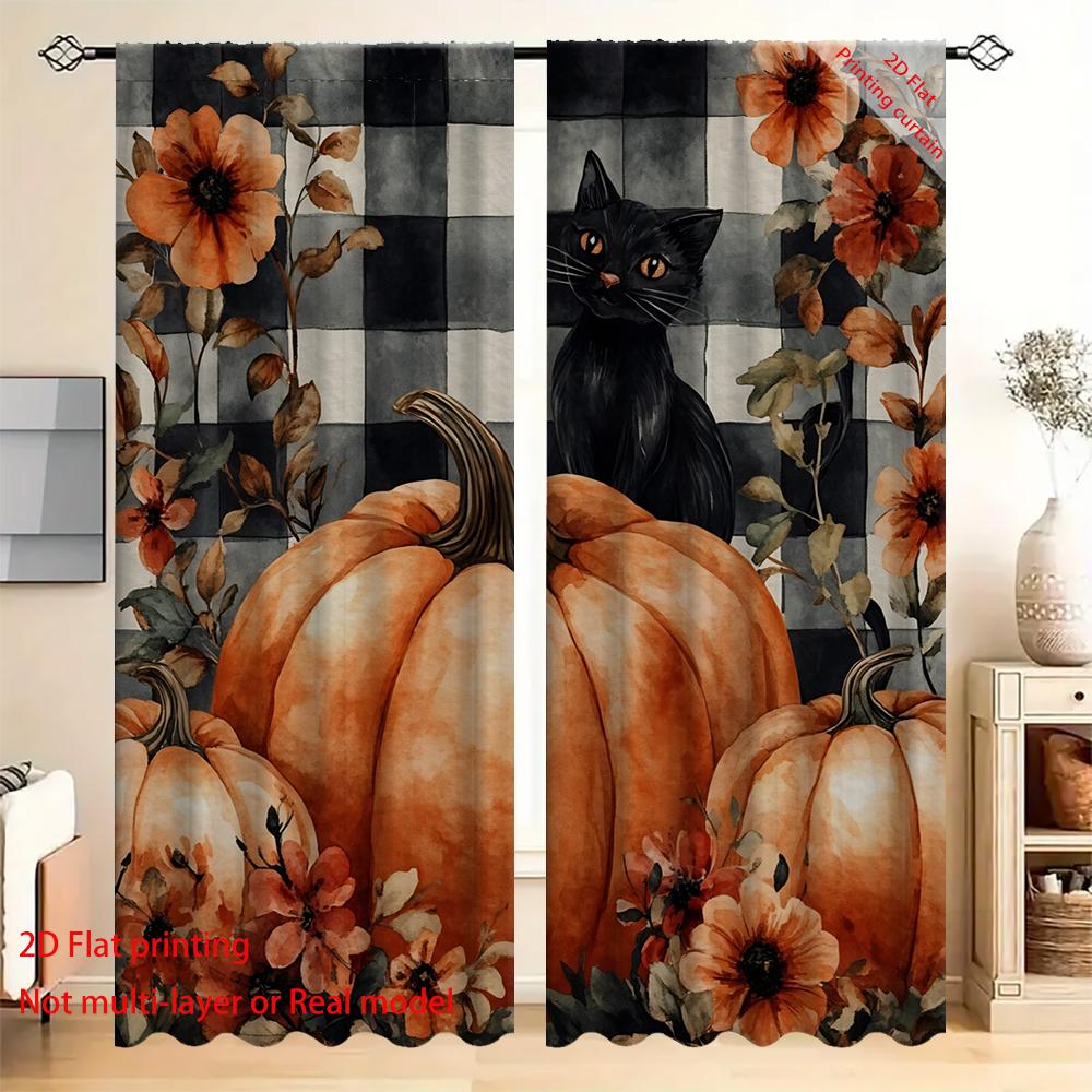 2 Stück schwarz-weiß karierter Hintergrund Halloween Kürbis schwarze Katze digital bedruckte Vorhänge mit Landschaftshintergrund und Stange