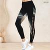 Women Plus Size High Waist Black Gold Printed Side Eyelet Lace Up Full Length Leggings