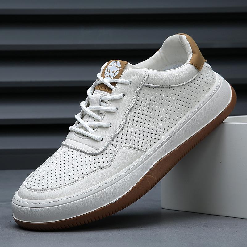 Shoes men's board shoes leather spring and summer new thick-soled hollow holes sports and leisure shoes men's breathable little white shoes