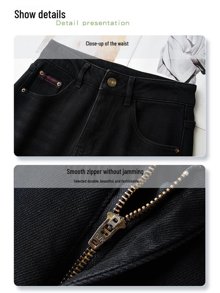 2024 Women's Plus Velvet Black Wide-Leg High-Waist Slim Fit Winter Jeans