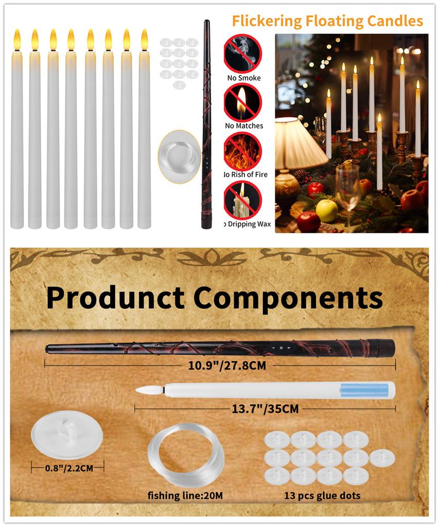 Flameless 1012Pcs Floating Candles with Magic Wand Flickering Warm Light LED Taper Candle for Christmas Halloween Party Decor
