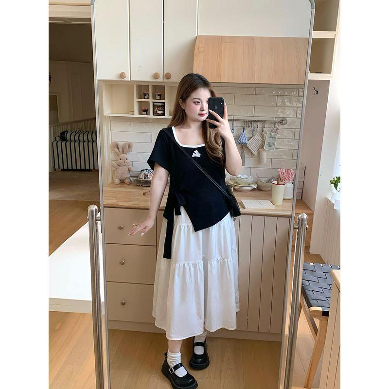 

Spicy Stripe Plus Size Women s Clothing Young Adult Rabbit Embroider Plus Size Ladies Side Strap Square Collar Slimming Slim Fit T-shirt Black and White T-Shirt(Single Piece) 2XL(145-160)