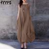 Women's Fashion Summer Spring Solid Color Print Sleeveless O-Neck Loose Waistline Casual Dresses
