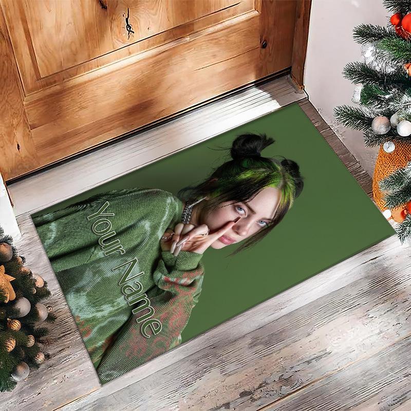 Tappeto in Velluto Cristallo Billie Eilish, Tappetino Antiscivolo Personalizzato con Testo Nome per Arredamento Casa Regalo