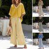Summer Two Piece Outfit for Women Striped Short Sleeve V Neck Top And Wide Leg Pants Set with Pockets Casual Vacation Lounge Sets