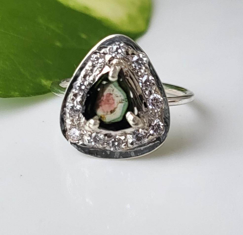 Natural Watermelon Rare Tourmaline 925 Sterling Silver CZ Ring Sz 5.75 US, A-79