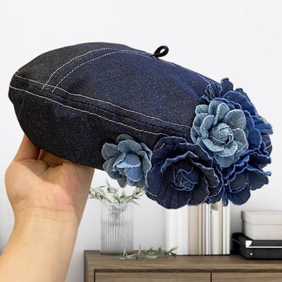 Malerhut für Damen, 3D-Rosendekor, Cowboyhut, Künstlerhut, alle Jahreszeiten, Jeanskappe, verstellbar