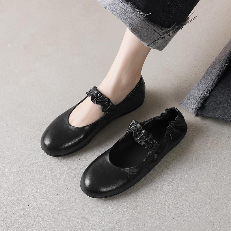 Fashion 2025 New Spring Women Flats Round Toe Women Shoes Fashion Flat Heels Mary Janes Ladies Shoes Genuine Leather Retro Brown Shoes