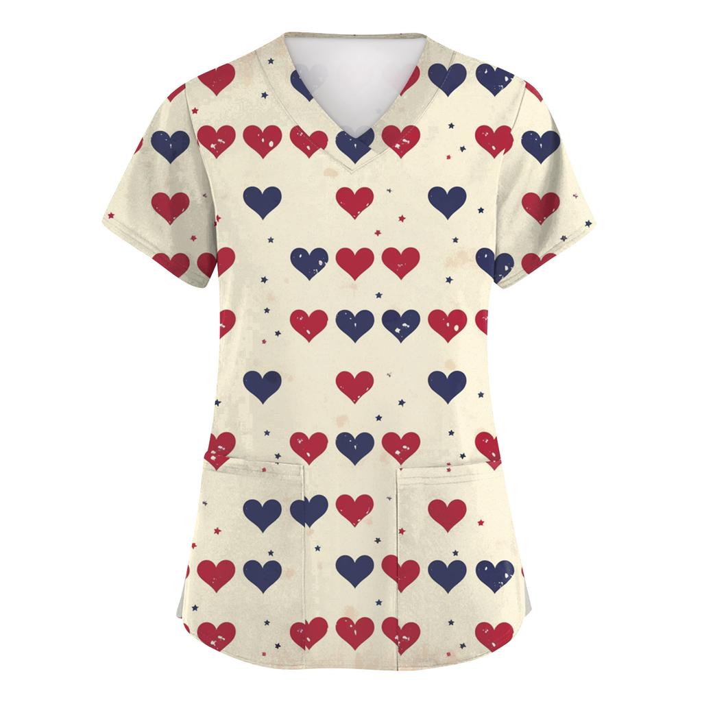 Women's Fashion Short-Sleeve Valentine's Day Print V-Neck Pocket Workwear Top