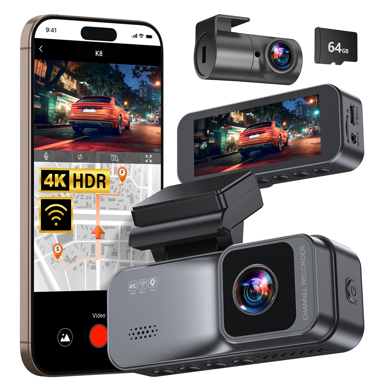 

KASNOW K8 Видеорегистратор с 4K UHD 8MP Фронтальной и Задней IMX415 Компактный Видеорегистратор Фронтальный и Задний Парковочный Шум и Светодиодный Светофор Удар Водонепроницаемый Резервный 64 ГБ чёрный