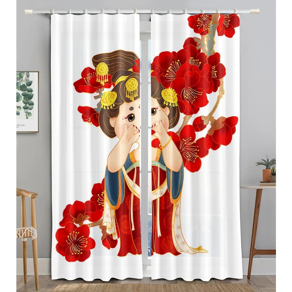 Chinese Animated Maid TraditionalOpera Blackout Window Panel Curtain Living Room Room Bedroom Bathroom Kicthen Door Cupboard Decor Hooks