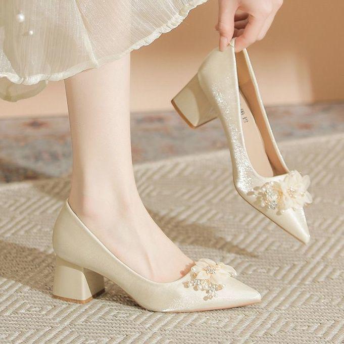 Women's Chunky Heel Satin Bridal Shoes - Pointed Toe with Floral Design for Weddings and Engagements