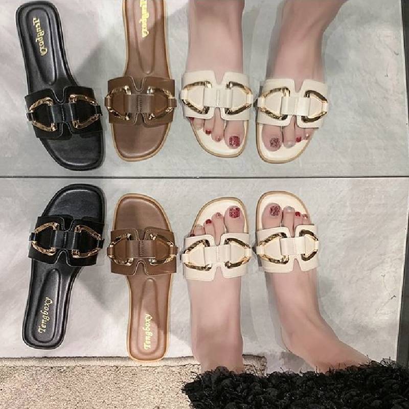 Summer Womens Large Size Pu Slide Sandals With Metal Buckle For Casual Daily Wear