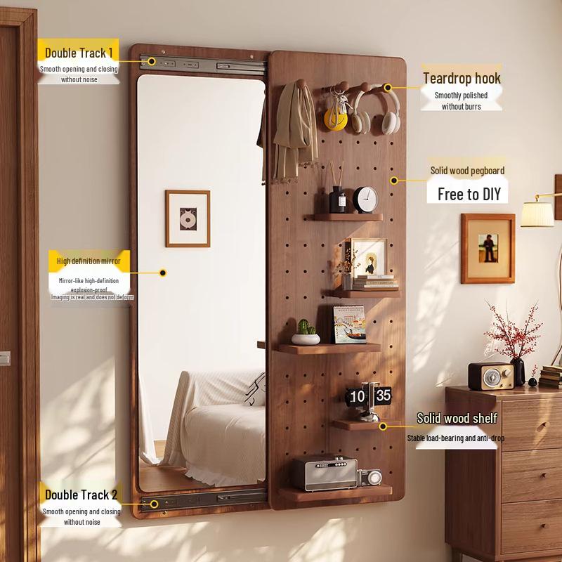 Wall-Mounted Pegboard Full-Length Sliding Mirror for Small Spaces