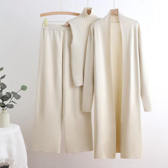 Women's Piece Cardigan Knit Lounge Set 3 Elastic Waist Wide Leg