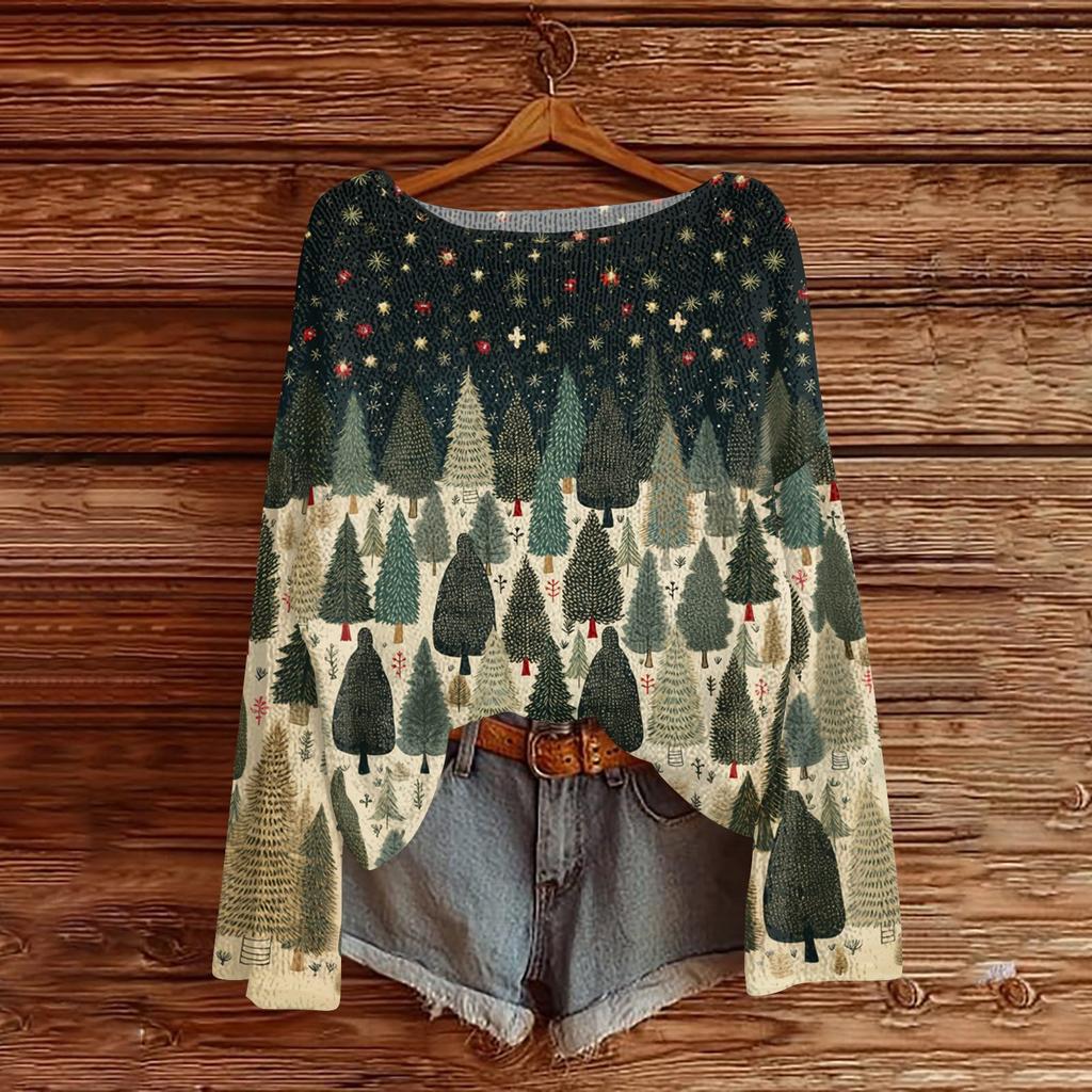 Maglia da donna alla moda a girocollo a maniche lunghe con stampa natalizia casual