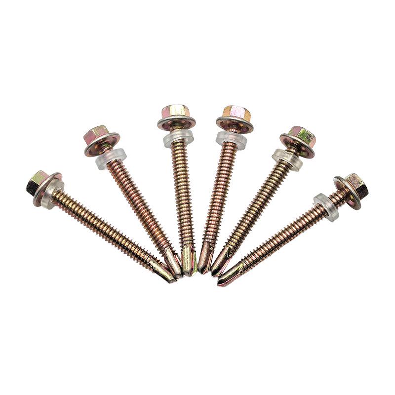 Drill-Point Screw: External Hex Head with Washer, Colored Zinc-plated, Self-tapping, Self-drilling for Color Steel Tiles, Fish-tail Tip.