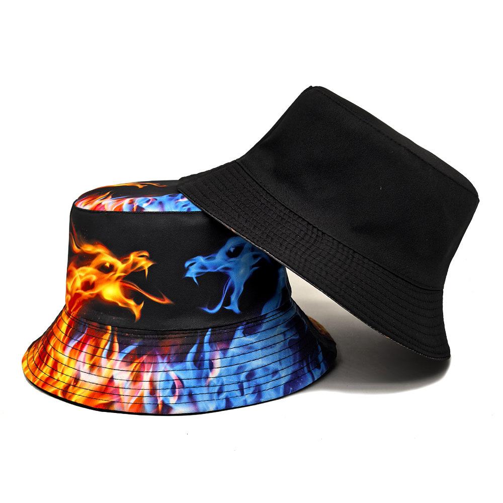 Fire Ice Dragon Print Bucket Hat, Unisex Gothic Style Fisherman Cap, Summer Sun Protection Panama Sunshade Hat for Outdoor Beach
