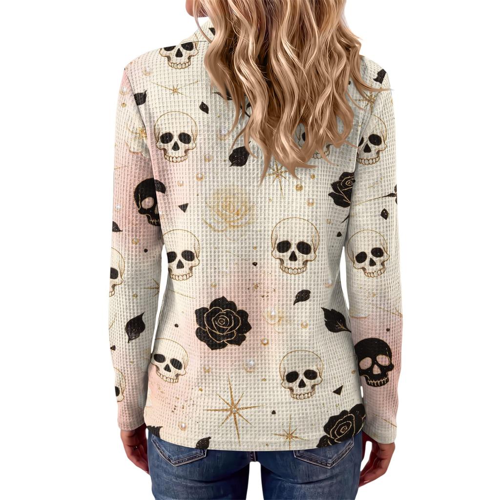 Women's Casual Long Sleeve Knit Top with Halloween Print and Lapel Collar