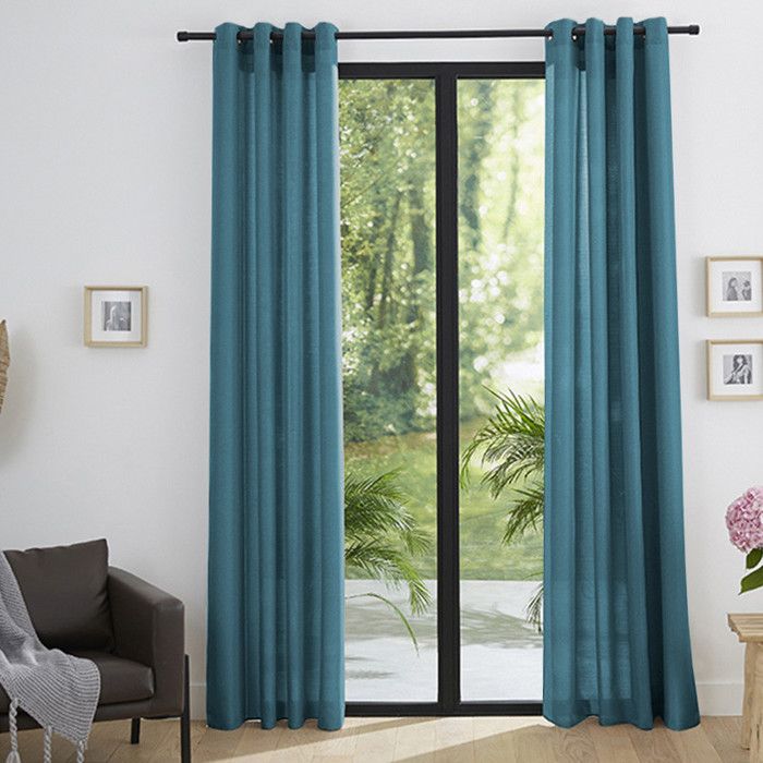 Pair of "Moonlight" Peacock Linen Effect Eyelet Curtains