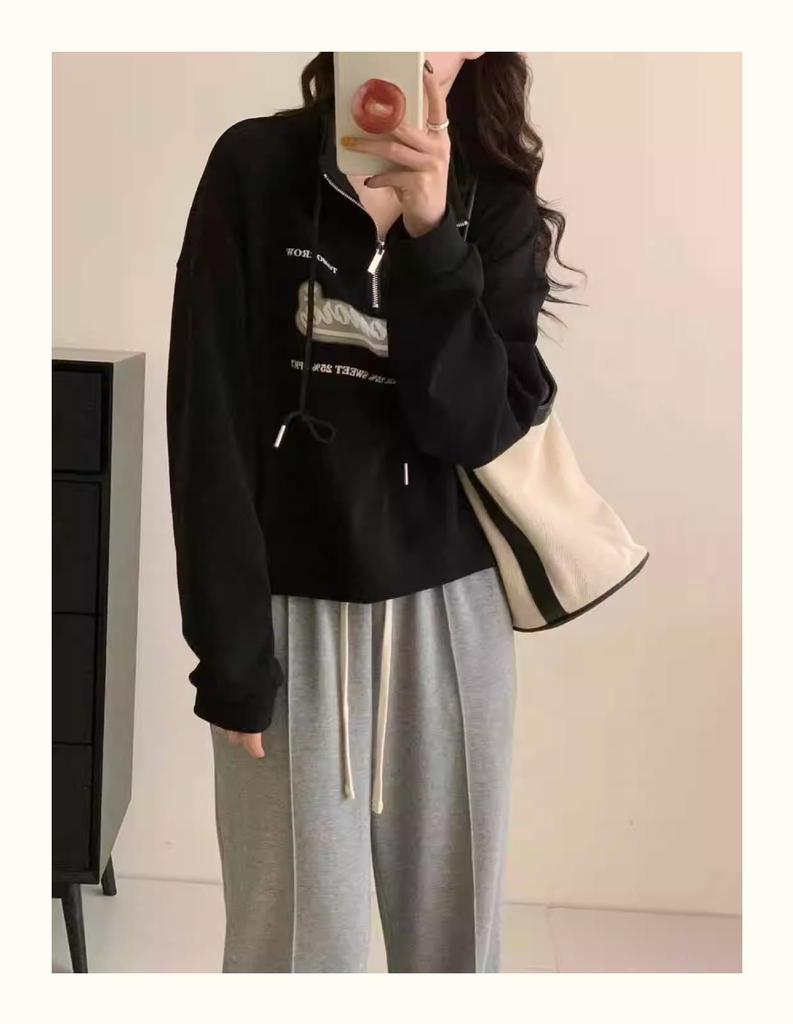 European Style Plus Size Stand Collar Sweatshirt for Women - High Waist, Slimming, Short Top for Spring & Autumn 2025