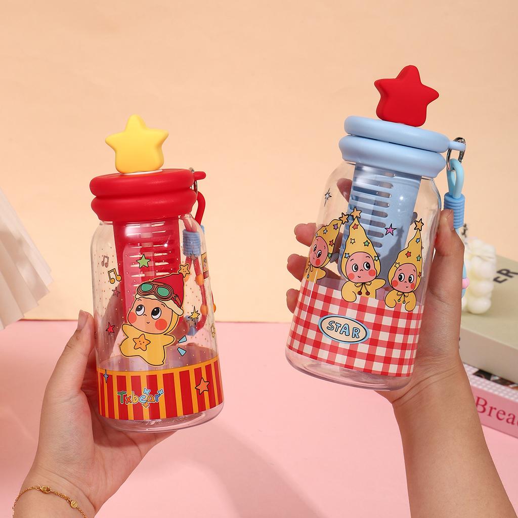 Water bottle new cute star people straw cup tea separation drop wear-resistant plastic cup with lifting rope portable cup