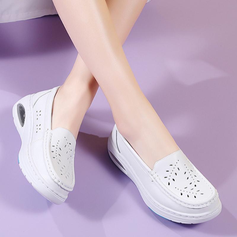 Nurse Shoes Genuine Leather Women's Air Cushion Soft Bottom Hollow Breathable Summer One-step Non-slip Work Shoes