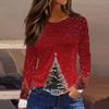 Women's Fashion Casual Slit Hem Round Neck Long Sleeve Loose Christmas Printed T-Shirt Ladies Top