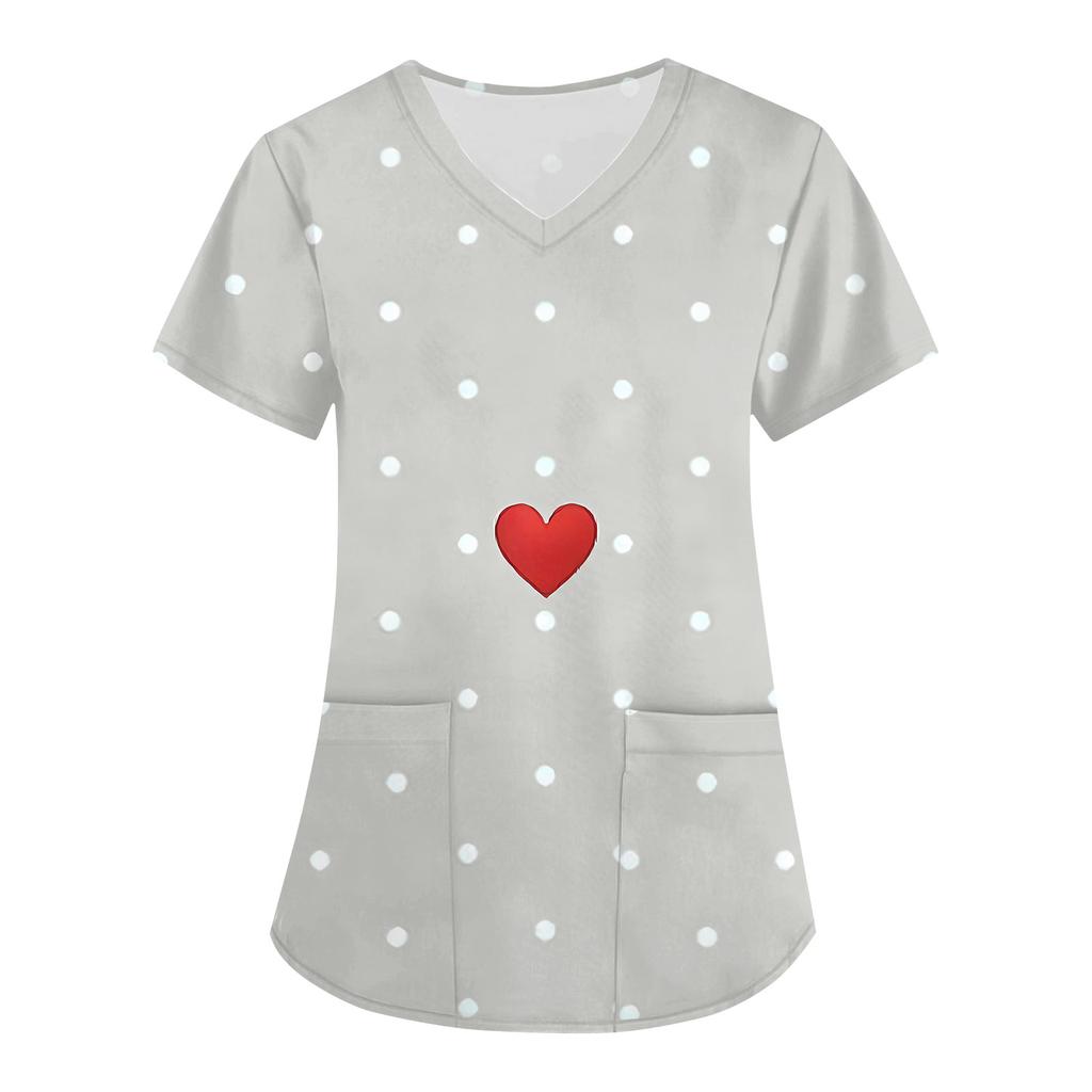 Women's Fashion V,Neck Short Sleeve Overalls With Pockets Valentine's Day Printed Tops Clothes