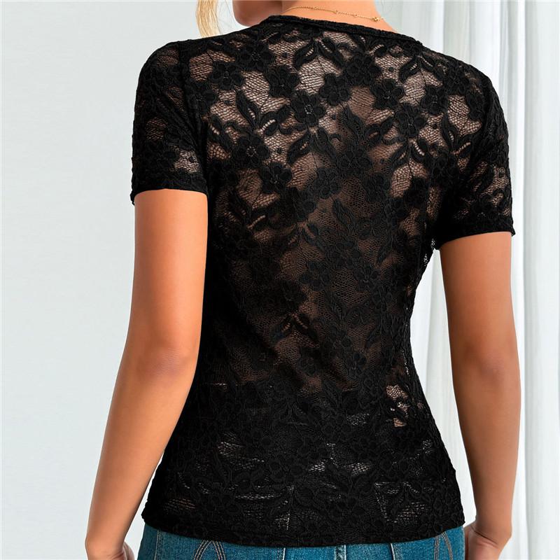 Spring Summer V-Neck Short Sleeve Lace Tshirt Woemen Solid Color Women's Slim Fit Thin Sexy Tshirt Elegant Semi Transparent Crop Tops