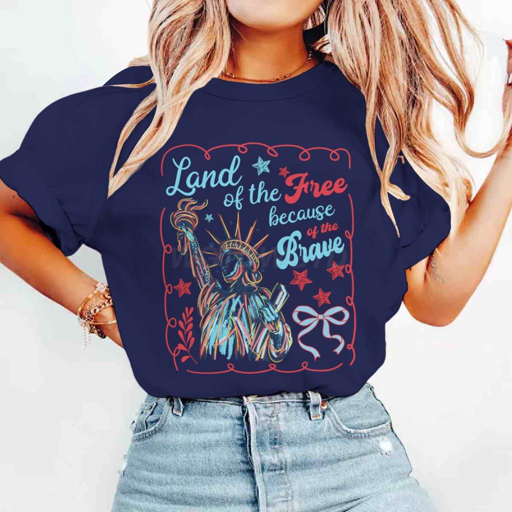 Terra dei Liberi Grazie ai Coraggiosi Magliette Maglietta del 4 Luglio Manica Corta Divertente Casual Top Estivi Abbigliamento Donna