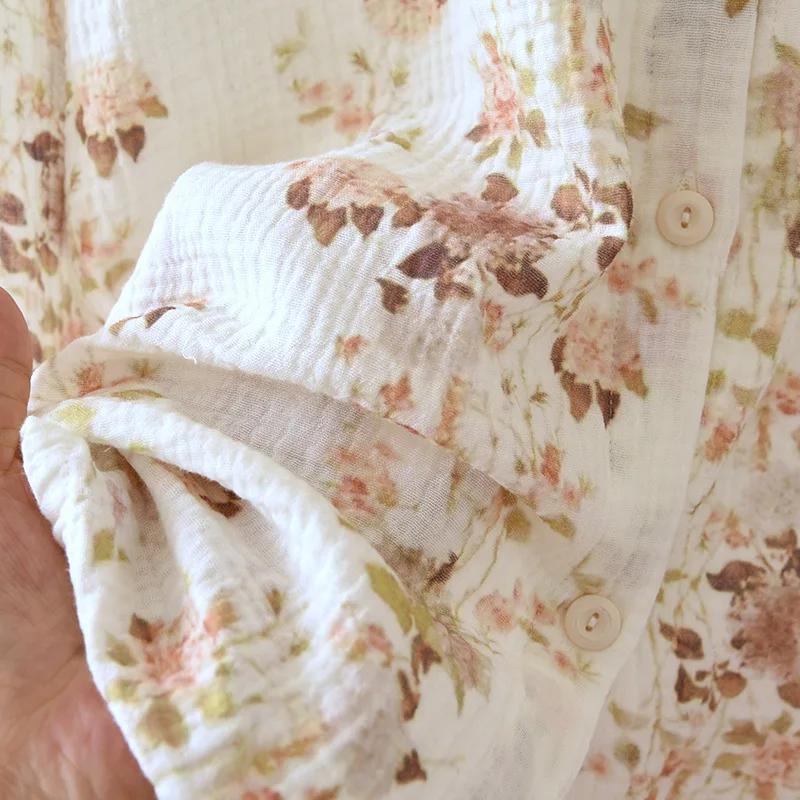 Spring / Autumn Cotton Gauze Pajamas Women's Stand-up Collar Long Sleeves Trousers Loungewear Set Loose  Pijamas