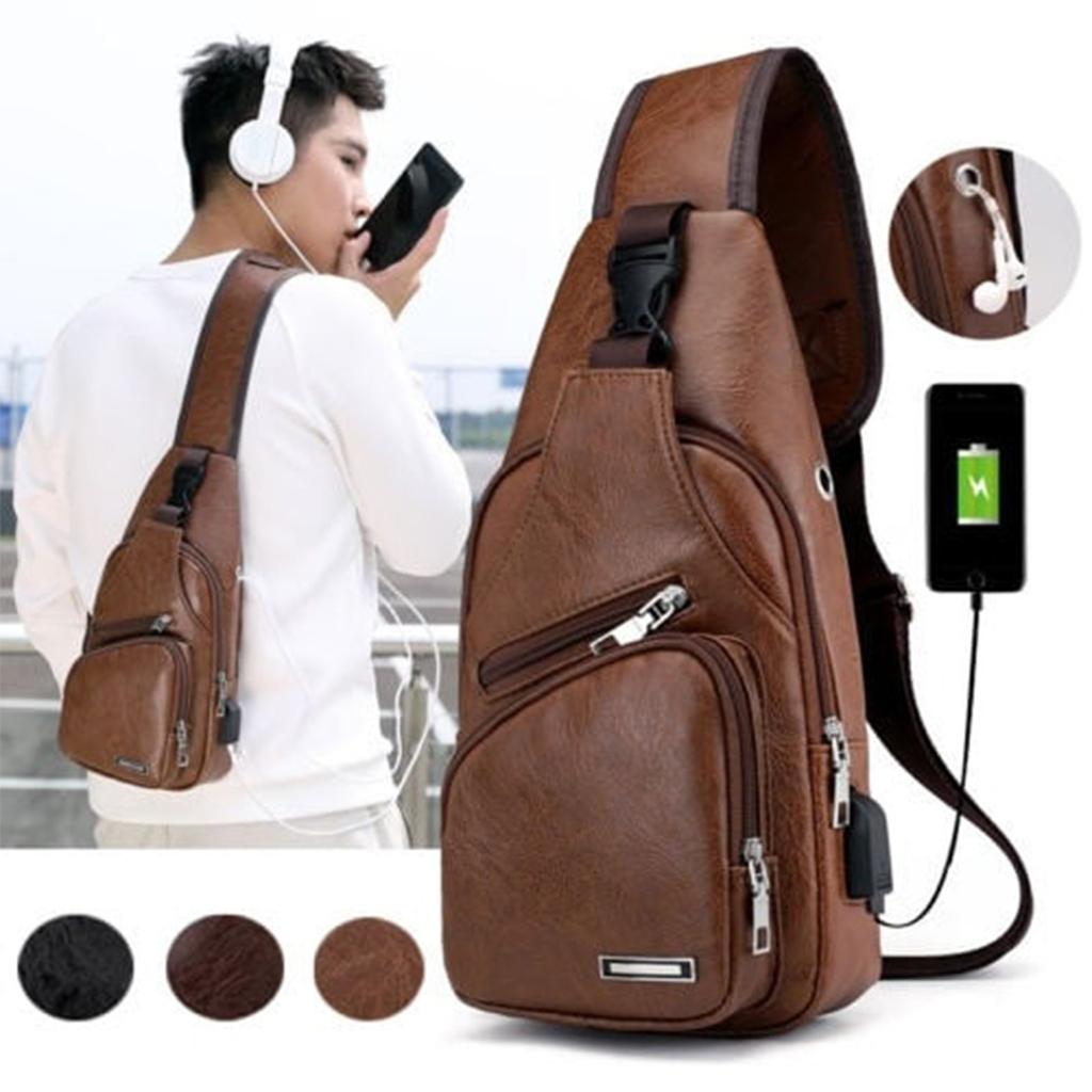 Soft Leather Pu Casual Sports Chest Bag Multi-Functional Waterproof Versatile Usb Anti-Theft Men'S Chest Bag