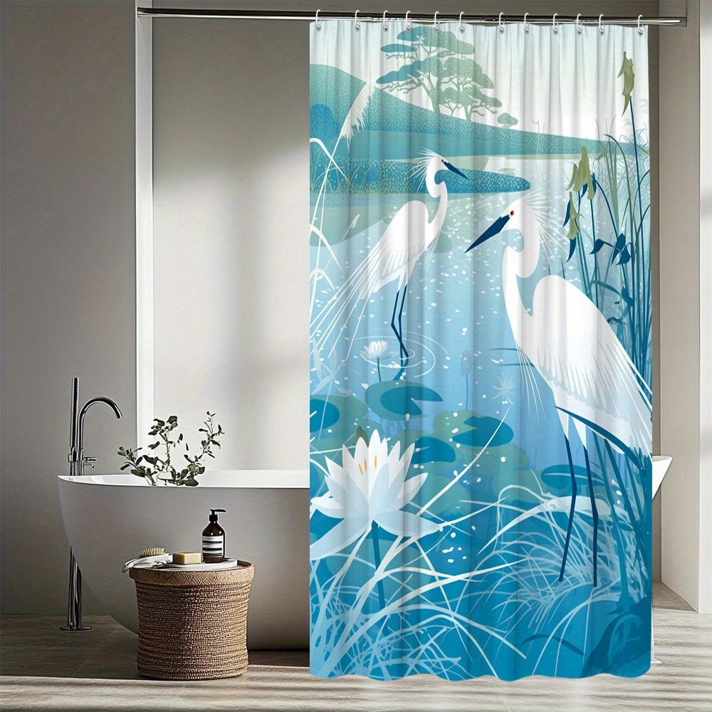 1pc Natural Scenery Shower Curtain with Egret, Reed, and for Lotus Pattern Bathroom Decor Polyester Fabric Includes 12 Hooks 70.
