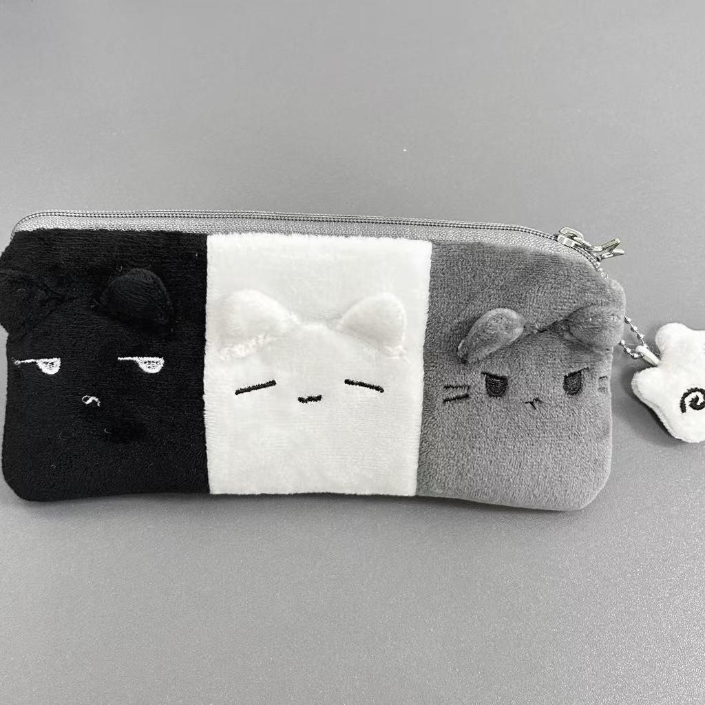 Three-Color Cat Plush Pencil Case – Black, White, Gray | Large Capacity Student Stationery Holder