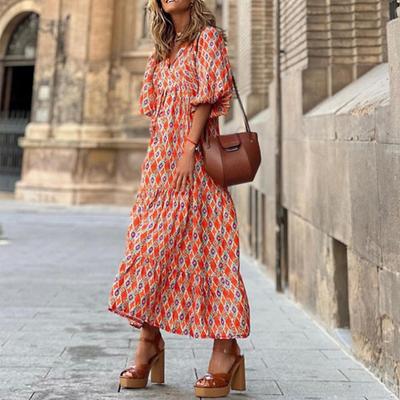 Bohemian Floral Print Kleid Frauen V-Ausschnitt A-Linie Maxi Strandkleid mit Puff