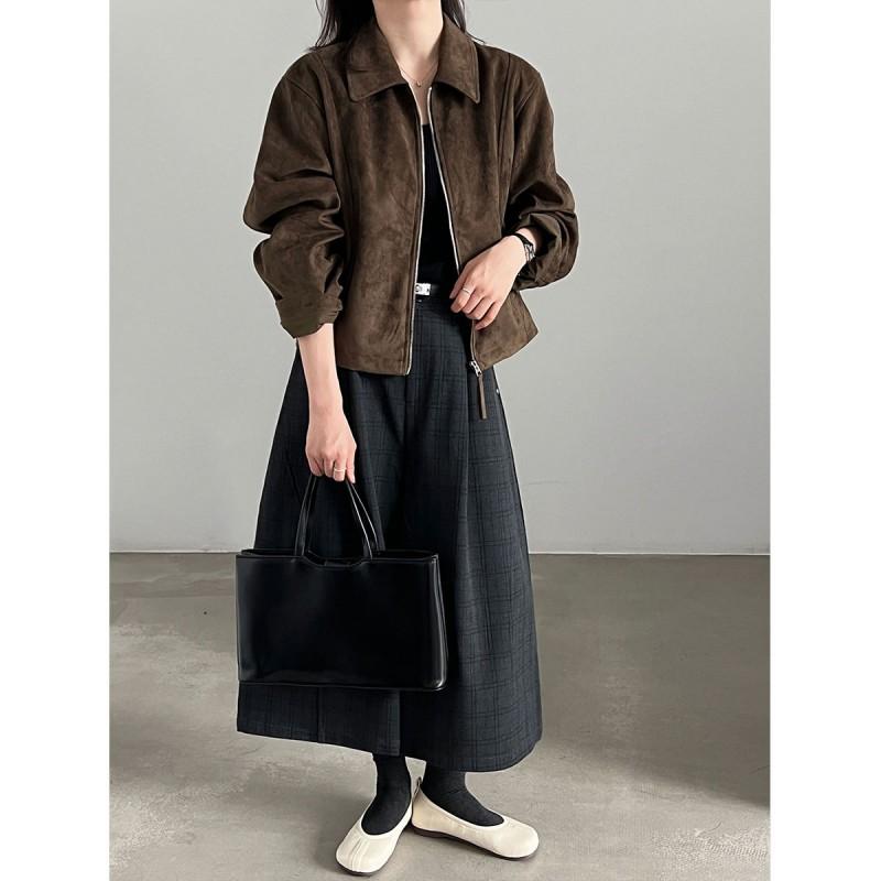 Womens Suede-Like Vintage Collar Short Jacket Fall 2026 Casual Slim Fit Outerwear In Coffee Brown