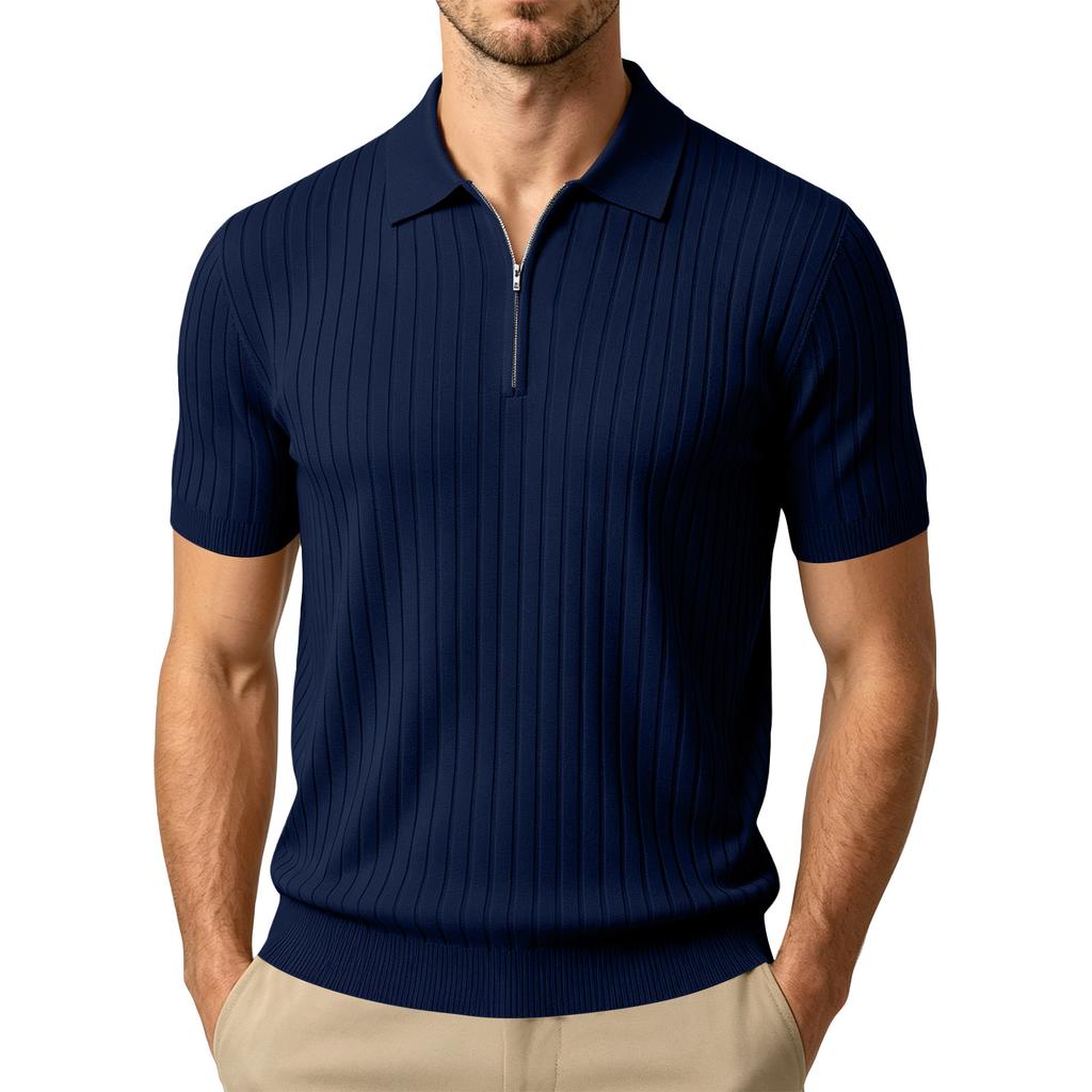 Men's Summer Short Sleeve Polo Shirt Ribbed Knit Half Zip Collar Casual Lightweight Breathable Pullover Top for Everyday Wear