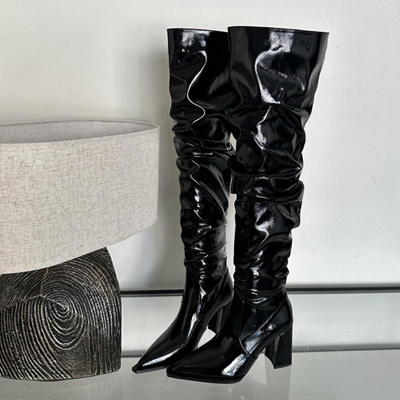 Moda Liyke Zimowe Uliczne Seksowne Botki Damskie za Kolano ze Szpiczastym Noskiem Buty do Tańca Buty Damskie za Udo Modne Niskie Kwadratowe Obcasy Botas Mujer