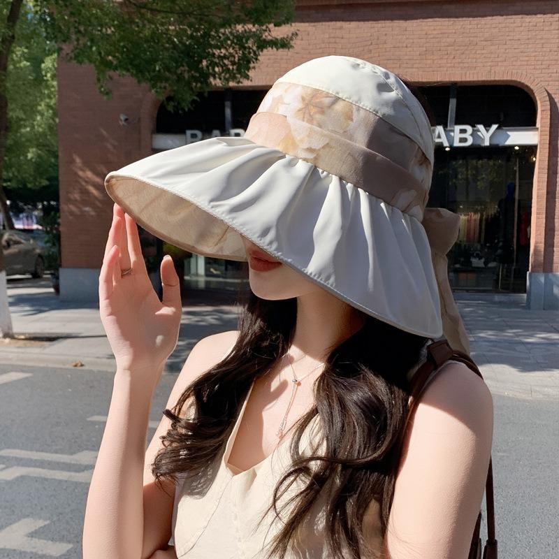 Summer Hat Women's New Printed Empty Top Hat Sunscreen Sun Hat Outdoor Travel Visor Bucket Hat Foldable