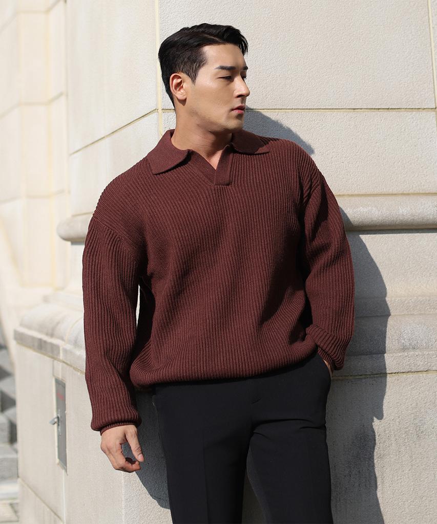 BOASTFIT Signature Oversized Open Collar Wool Knit Brown
