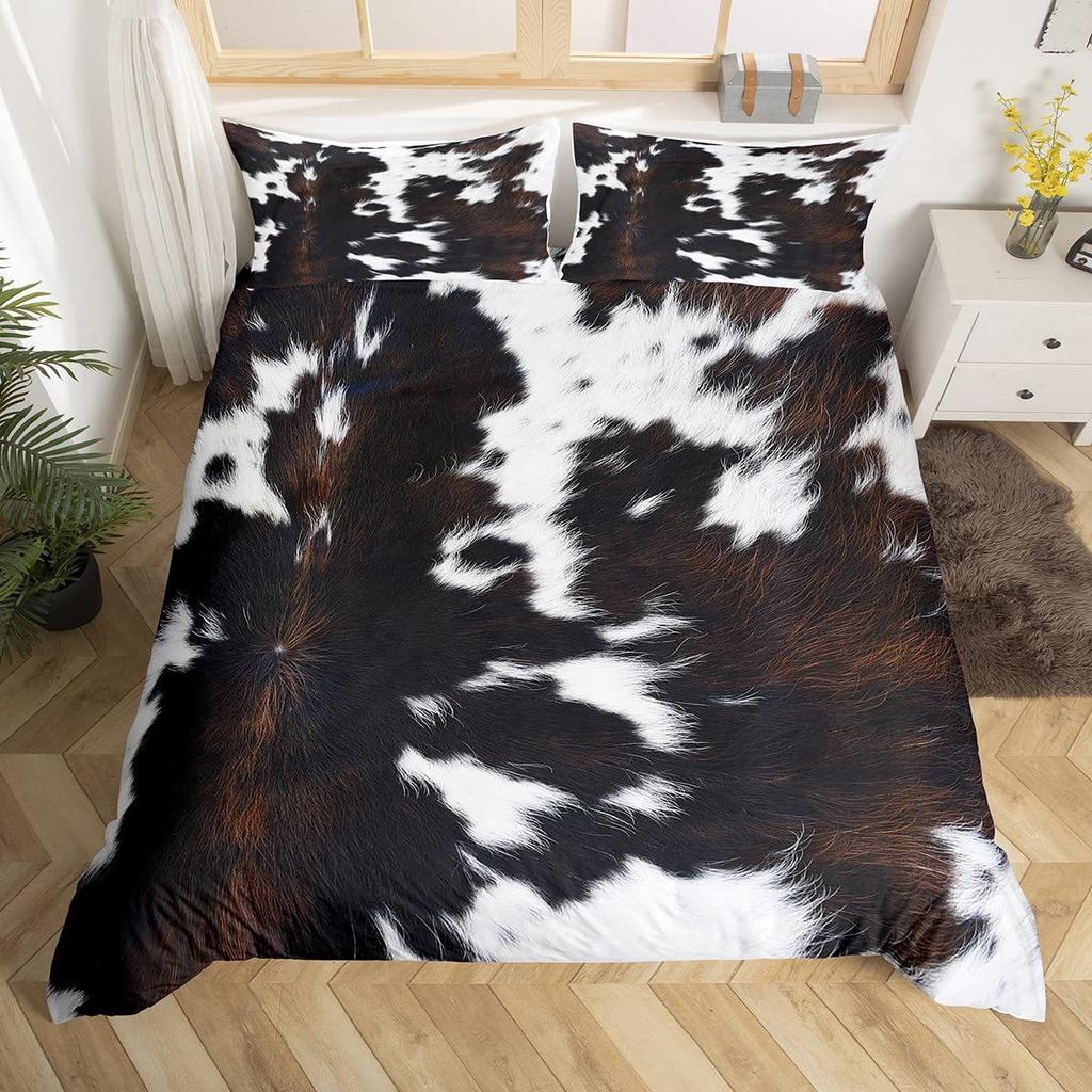 Cowhide King Queen Duvet Cover Patchwork Cow Fur Print Bedding Set Animal Quilt Cover Western Cowboy Polyester Comforter Cover