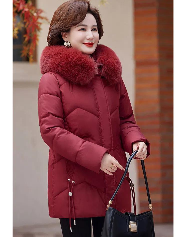 Jaqueta Feminina de Outono e Inverno Cor Sólida com Capuz Gola de Pele Moda Solta Espessa à Prova de Vento Comprimento Médio Jaqueta de Mãe