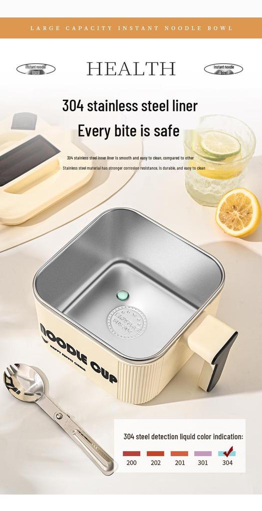 Large Capacity 304 Stainless Steel Instant Noodle Bowl with Lid and Spoon Set for Dorm Use
