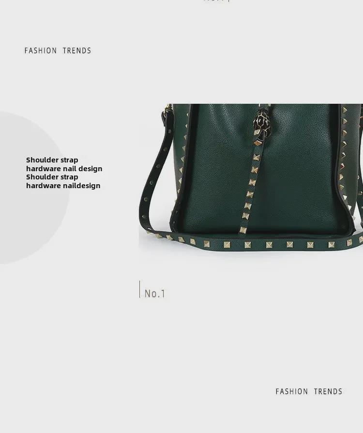 Women's Retro Rivet Cowhide Bucket Bag with Leopard Head Design